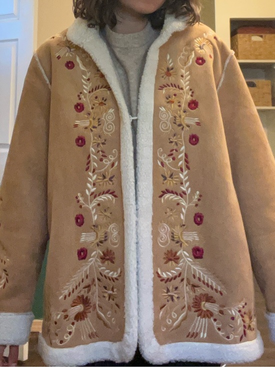 Denim&Co Jackets & Blazers - Denim&Co Tan Embroidered Faux-Shearling Trim Jacket